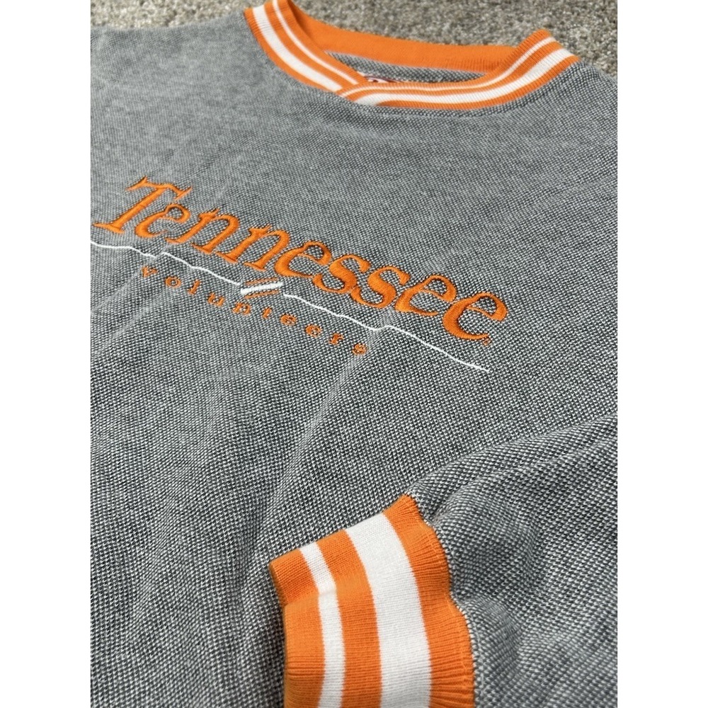 VTG Tennessee Volunteers Mens Gray Sweater Embroidered Striped Cuffs Medium